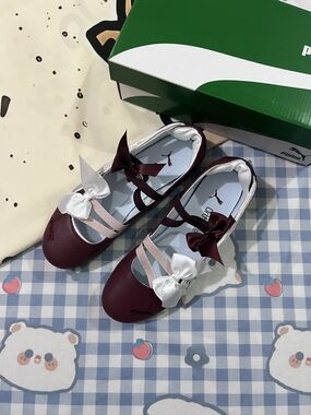 PUMA Kids Burgundy Ballet Flats with Pink & White Bows